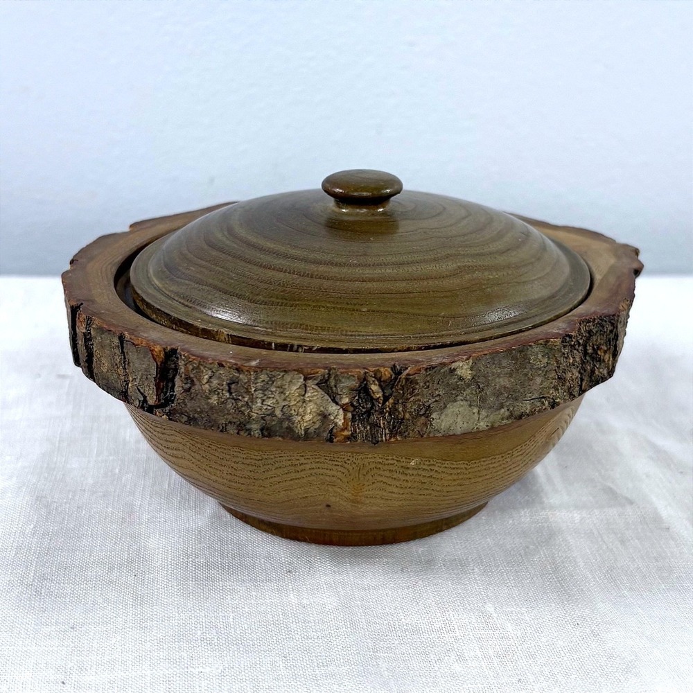 Handmade Live Edge Wood Lidded Bowl Rustic Bark Trim Trinket Dish Brown Natural